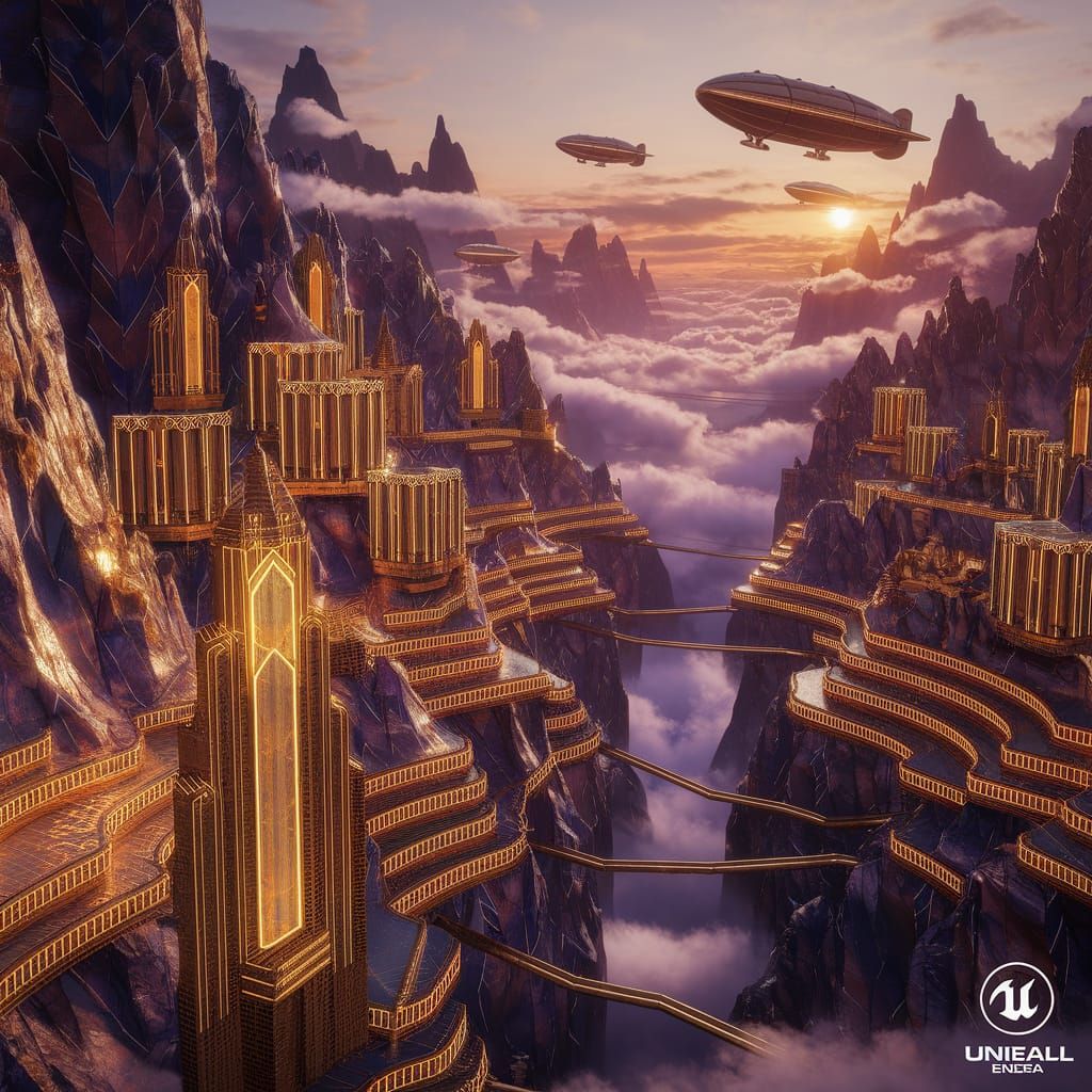 Art Deco Mountain Metropolis at Dusk