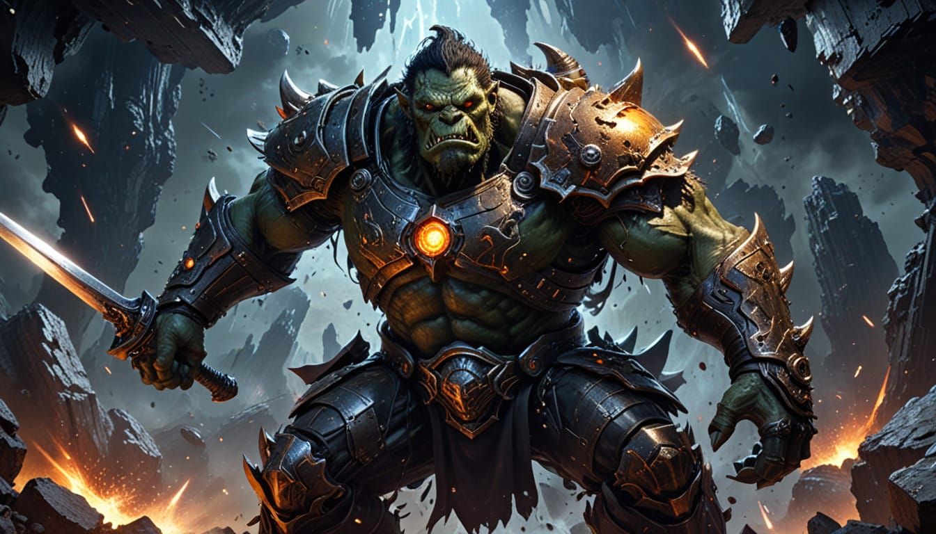 Cosmic Orc Warrior Stands Firm Amidst Stellar Vortex