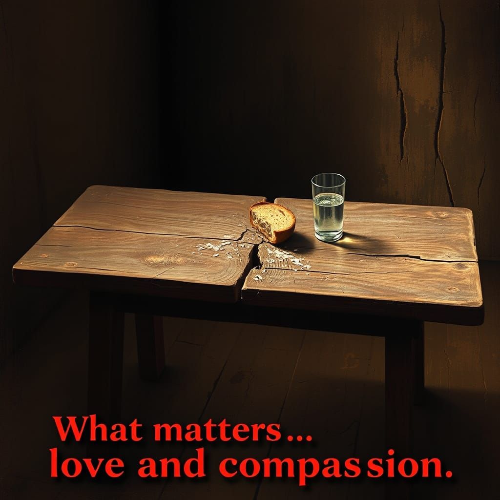 Poverty Scene: Cracked Table, Half-Eaten Bread, Hopeful Glow