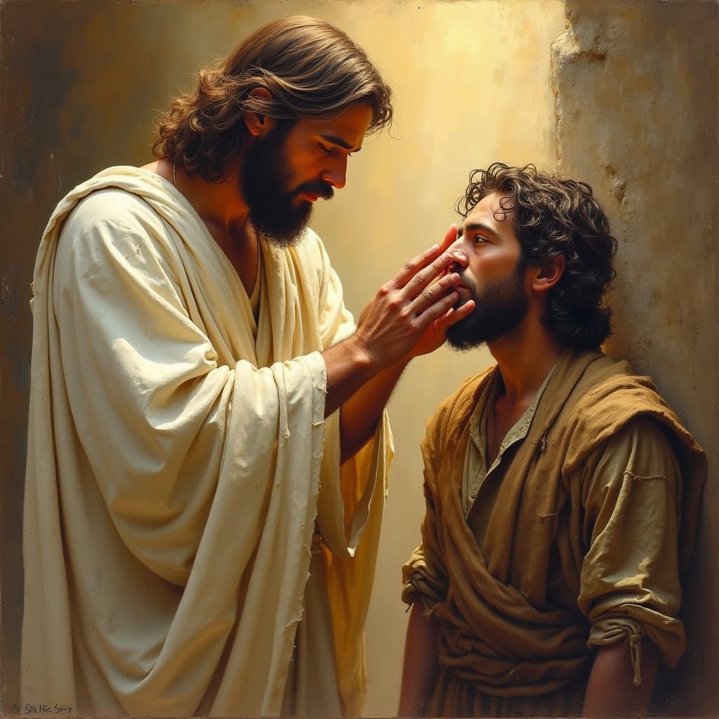 Jesus Healing a Blind Man: Oil Painting