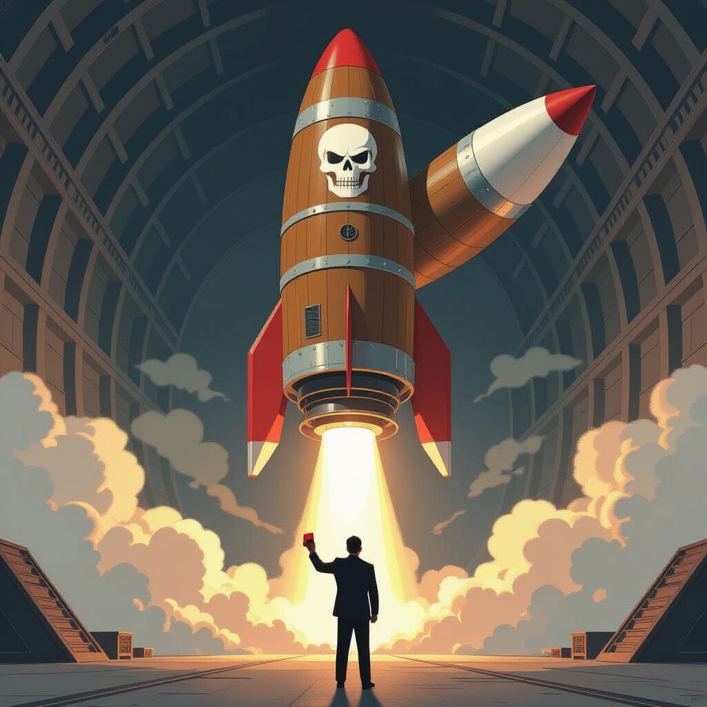 Cartoon Rocket Launch in Futuristic Industrial Style