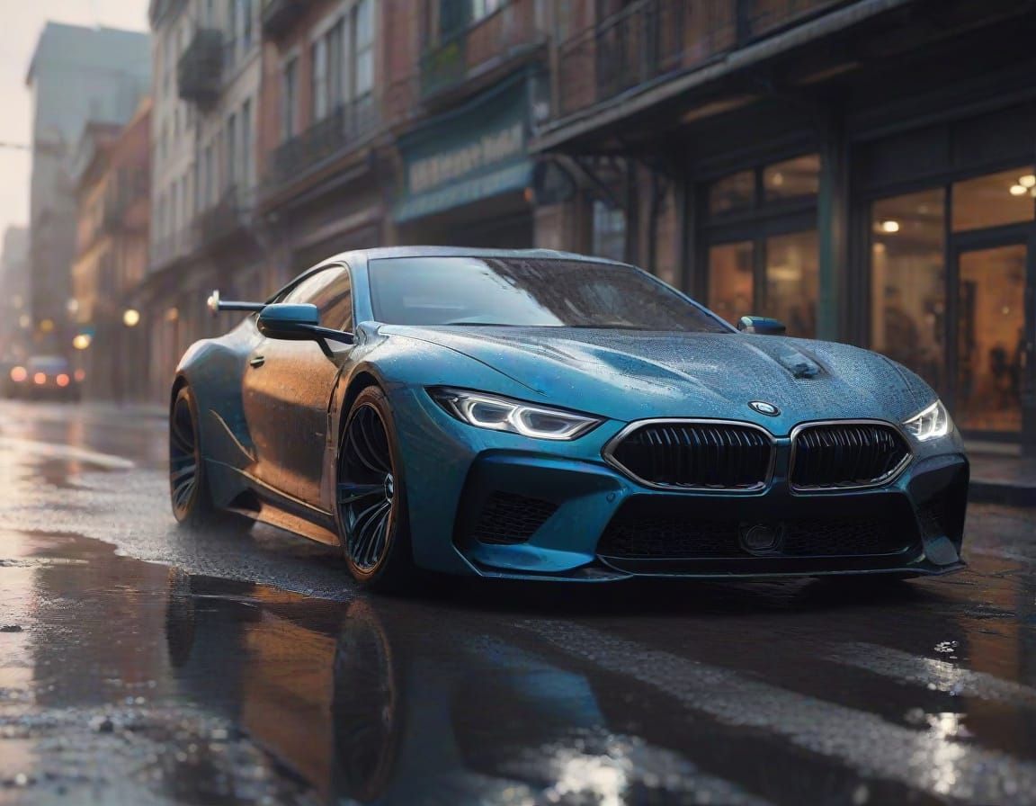 Vibrant, Wet BMW M9 Racing Down the Highway in a Splash of C...