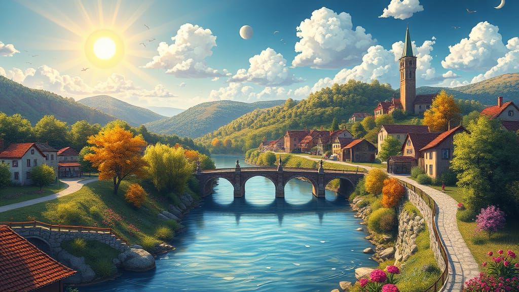 Whimsical Naive Art Village Landscape Painting