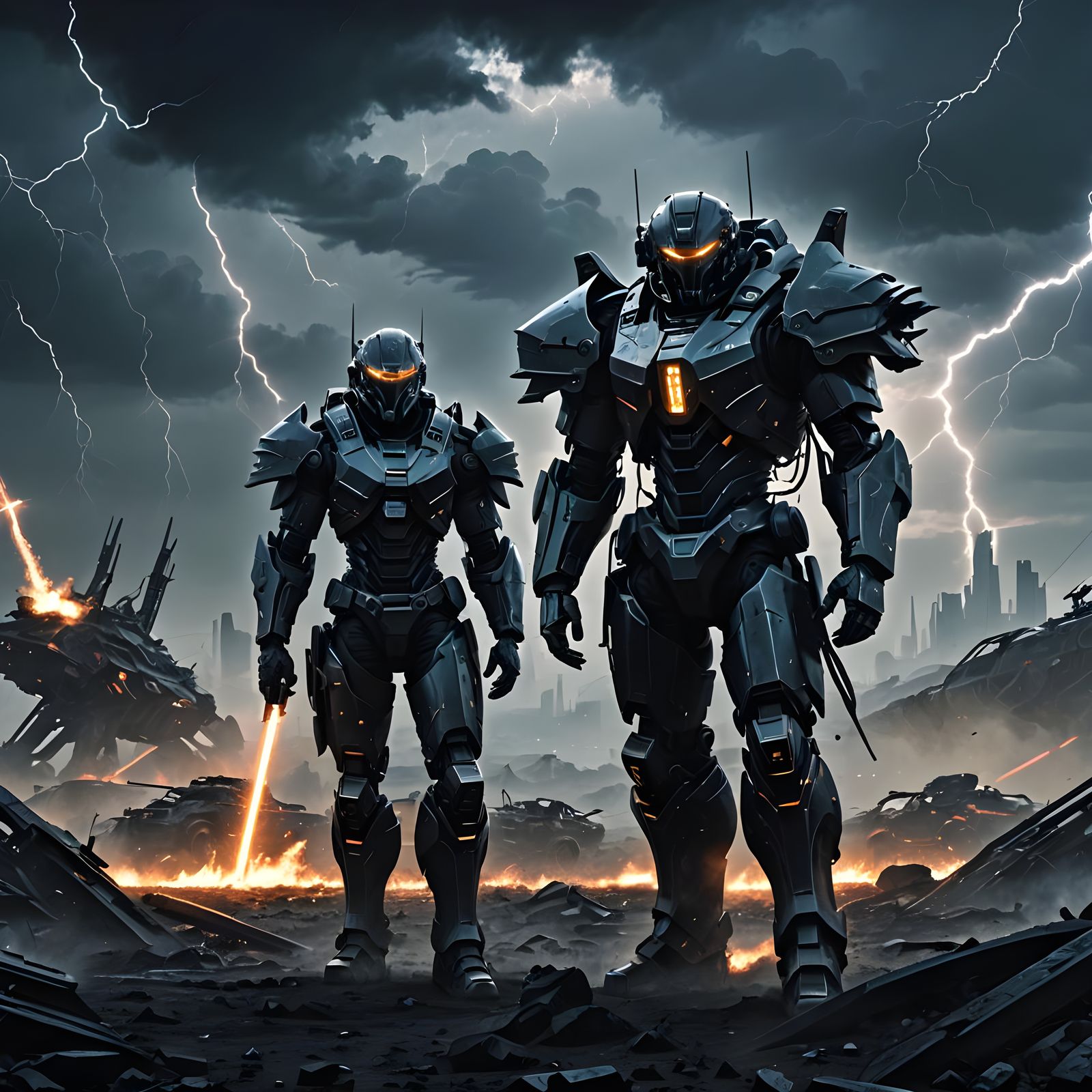 Futuristic Warrior on Stormy Battlefield in Cyberpunk Style