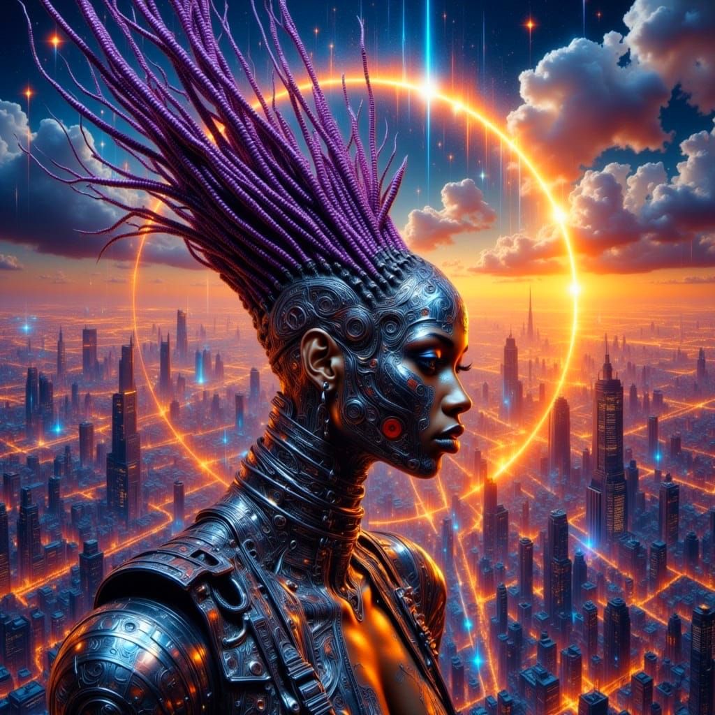 Cyberpunk Warrior Leaps Towards Holographic Metropolis