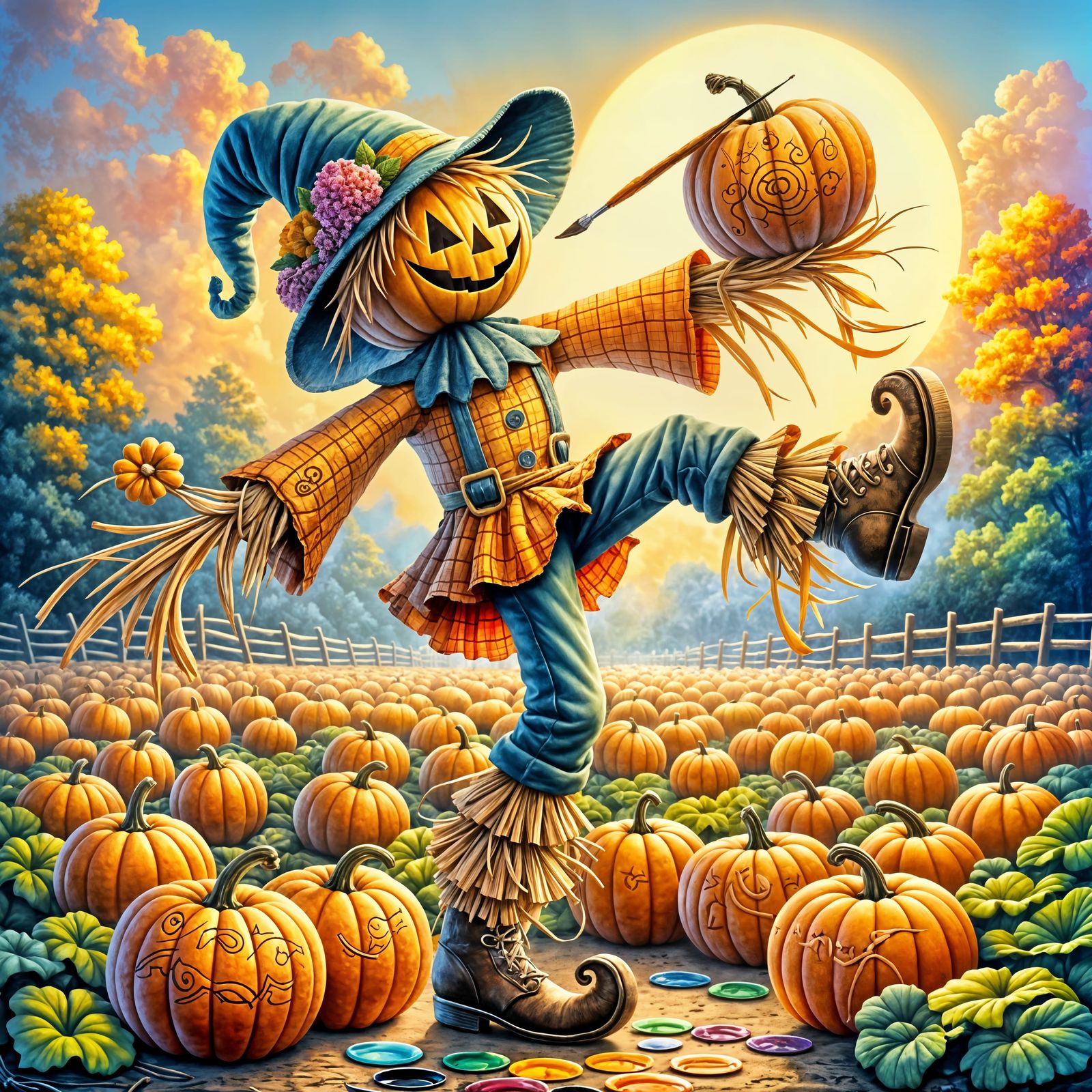 Joyful Scarecrow Paints Pumpkins in Colorful Patch