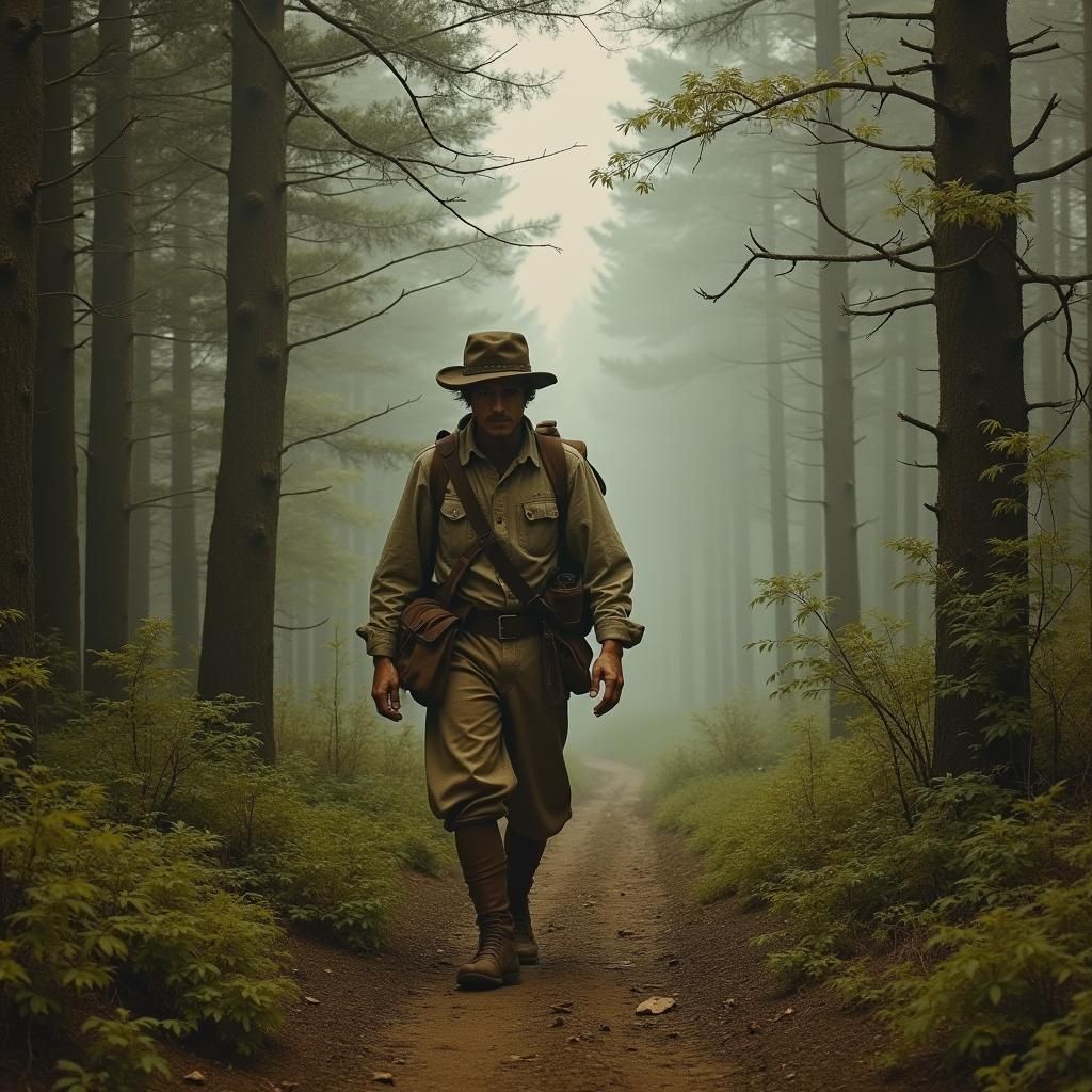 Hiker in Misty Forest, 18th-Century Landscape Style