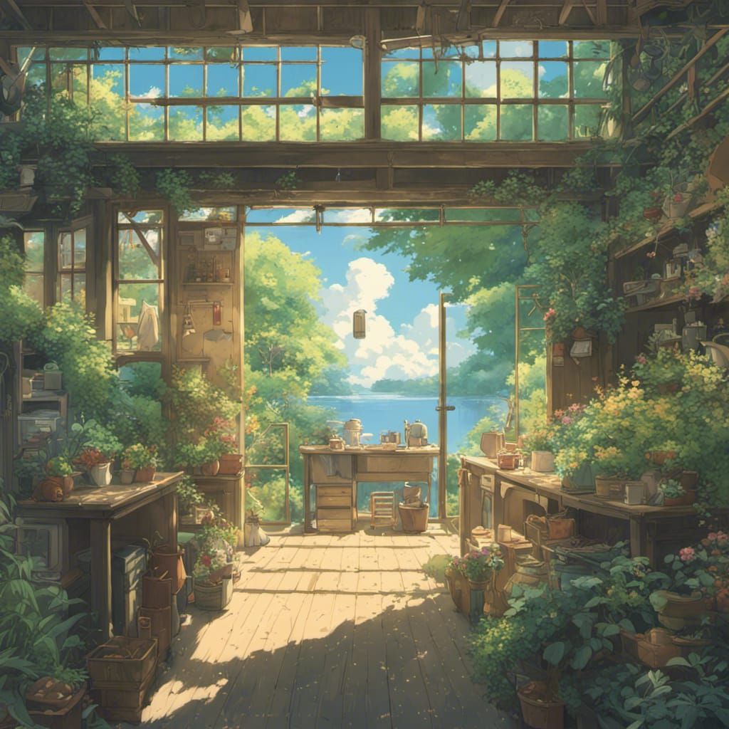 Dreamlike Greenhouse in Studio Ghibli Anime Style
