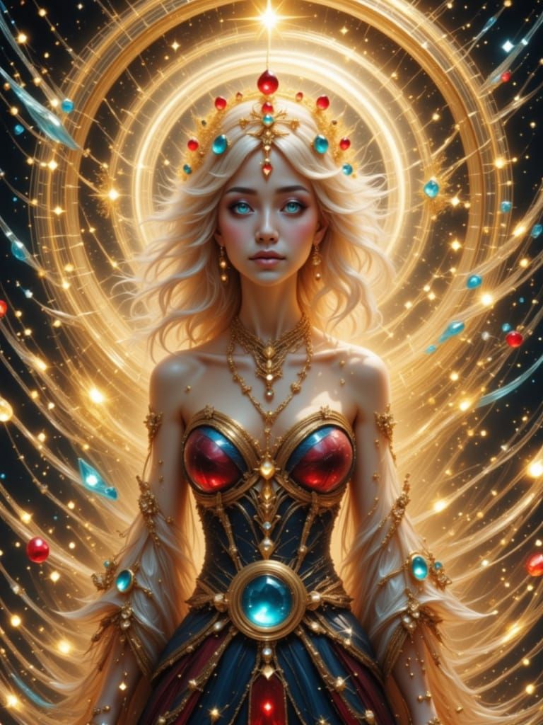 Blonde Princess With Gemstone Adornments Before Portal