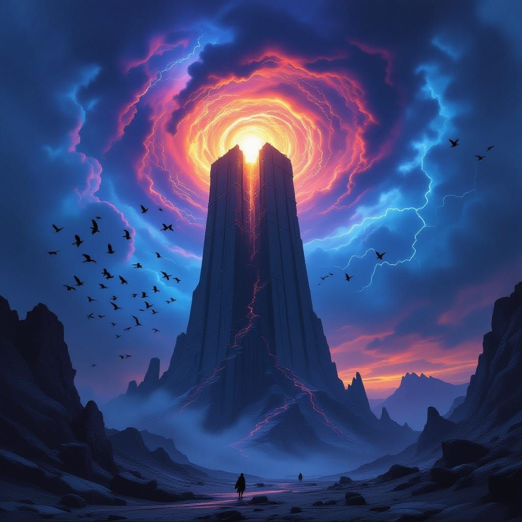Colossal Tower in Wasteland Vortex Storm with Swarming Crows