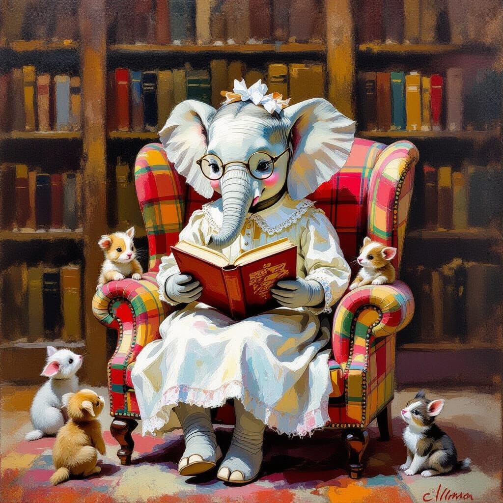 Elephant Librarian Reading: Impressionist Style Painting