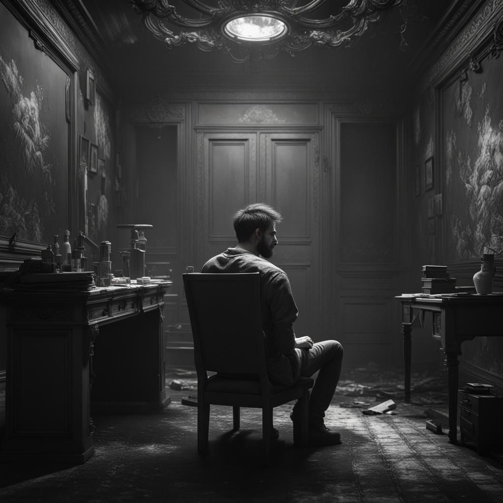Depressed Man in Dark Room: Black and White Matte Painting