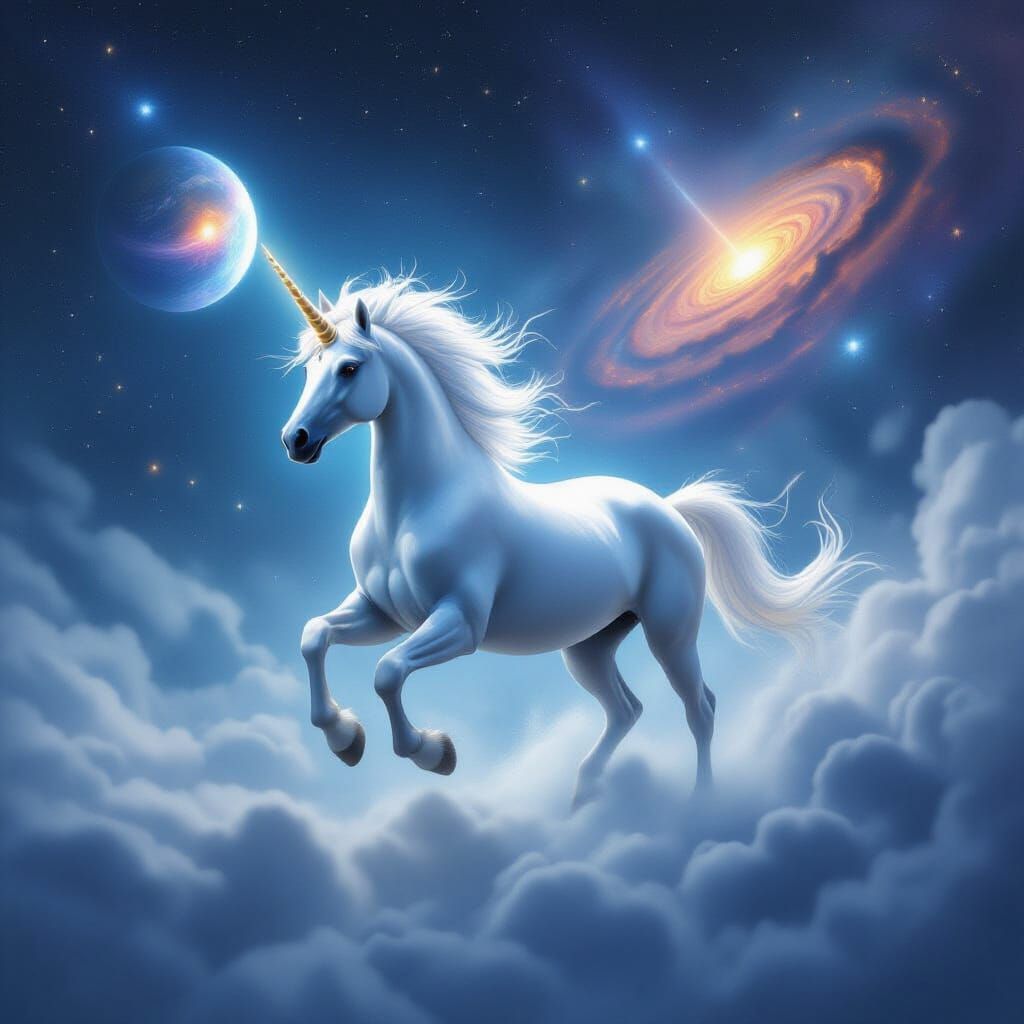 Majestic Unicorn in Cosmic Nebula with Starry Tornado