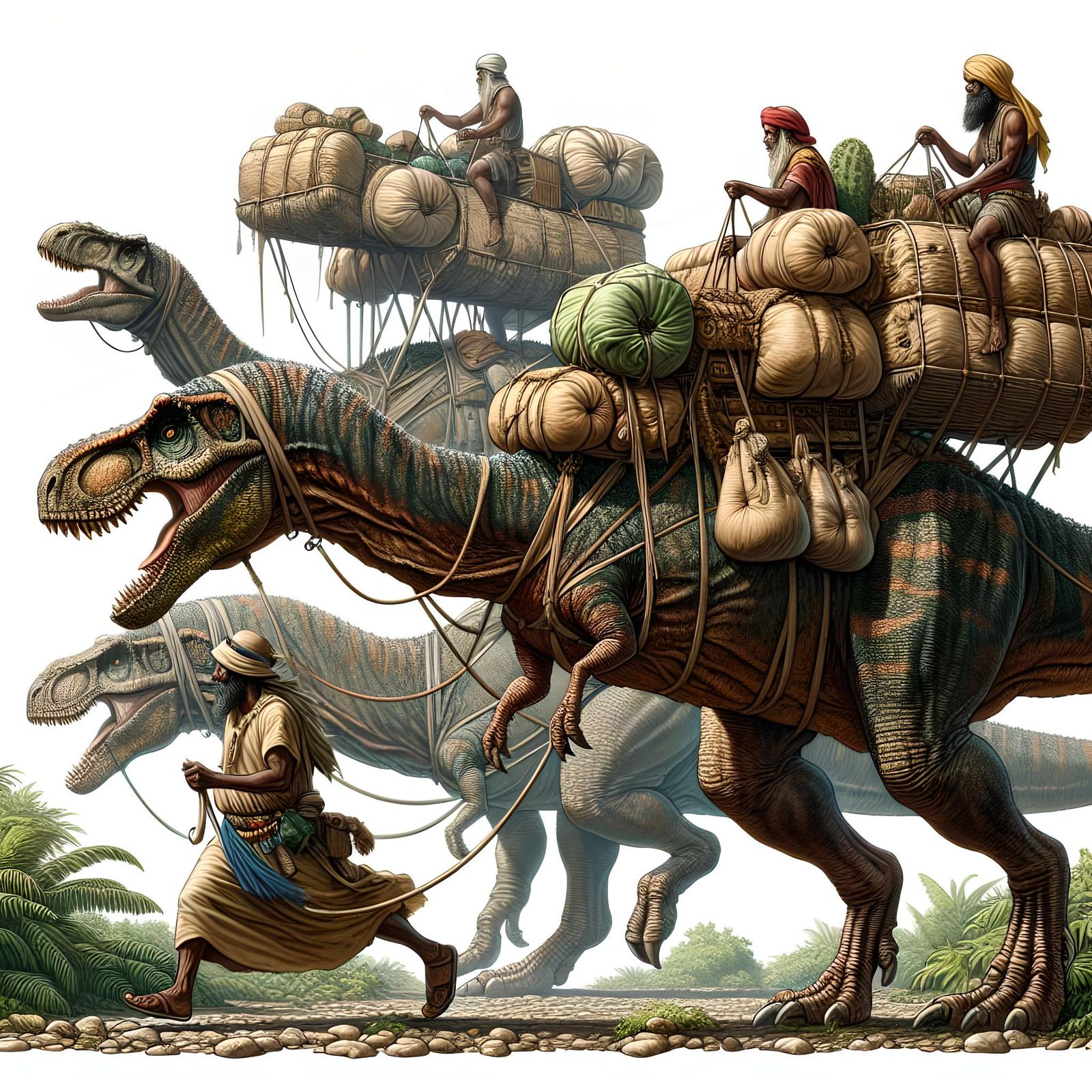 T-Rex Dinosaurs as Beasts of Burden in Jungle
