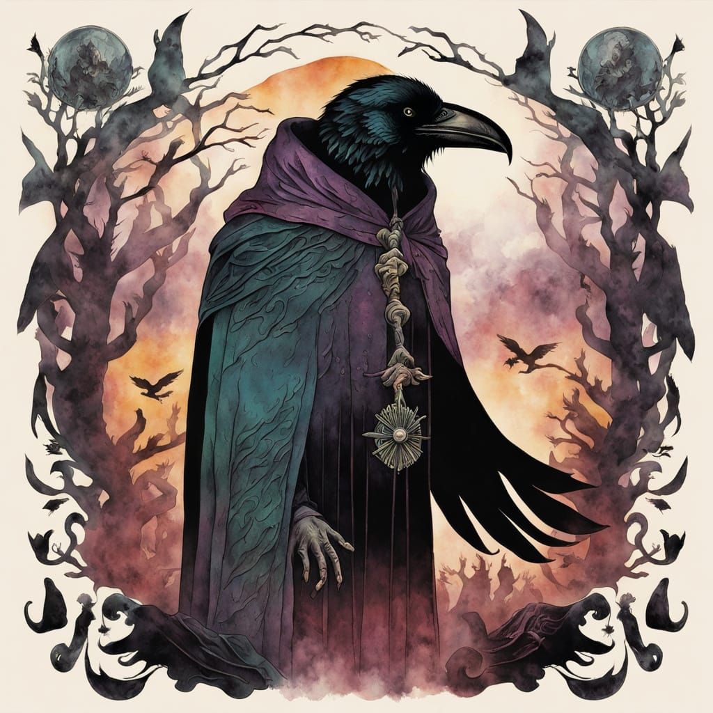 Ethereal Raven Summoner in Vintage Storybook Illustration