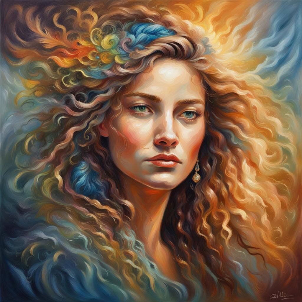 Radiant Female Portrait in Art Nouveau Oil Painting