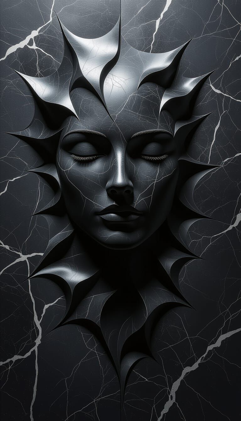 Marble Face Emerges from Black Wall