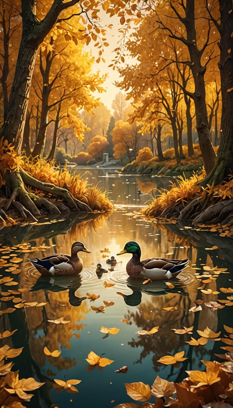 Ducks Playing in Autumn Pond: Matte Painting
