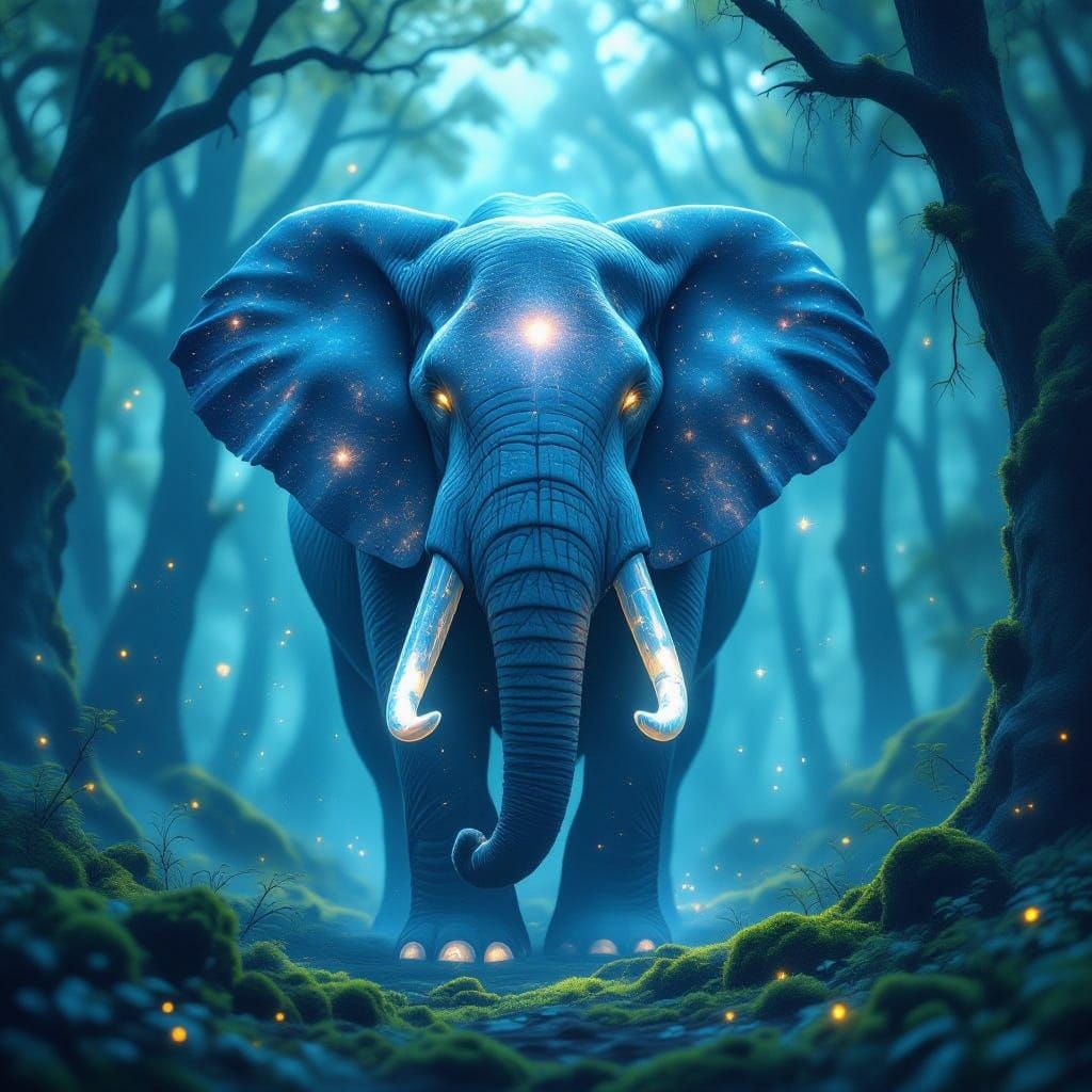 Cosmic Elephant in Bioluminescent Forest