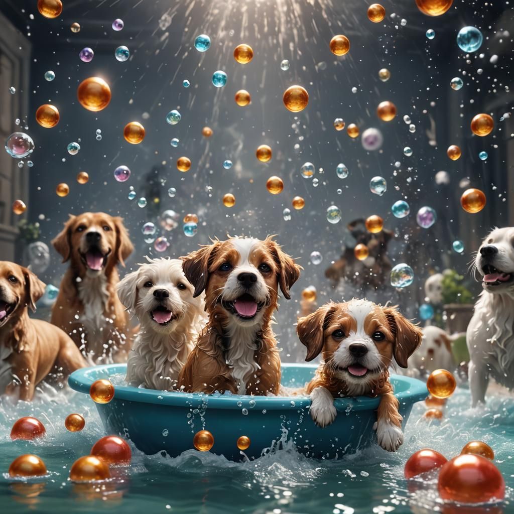 Dogs Sneezing in Bubble Bath: Fantasy Concept Art