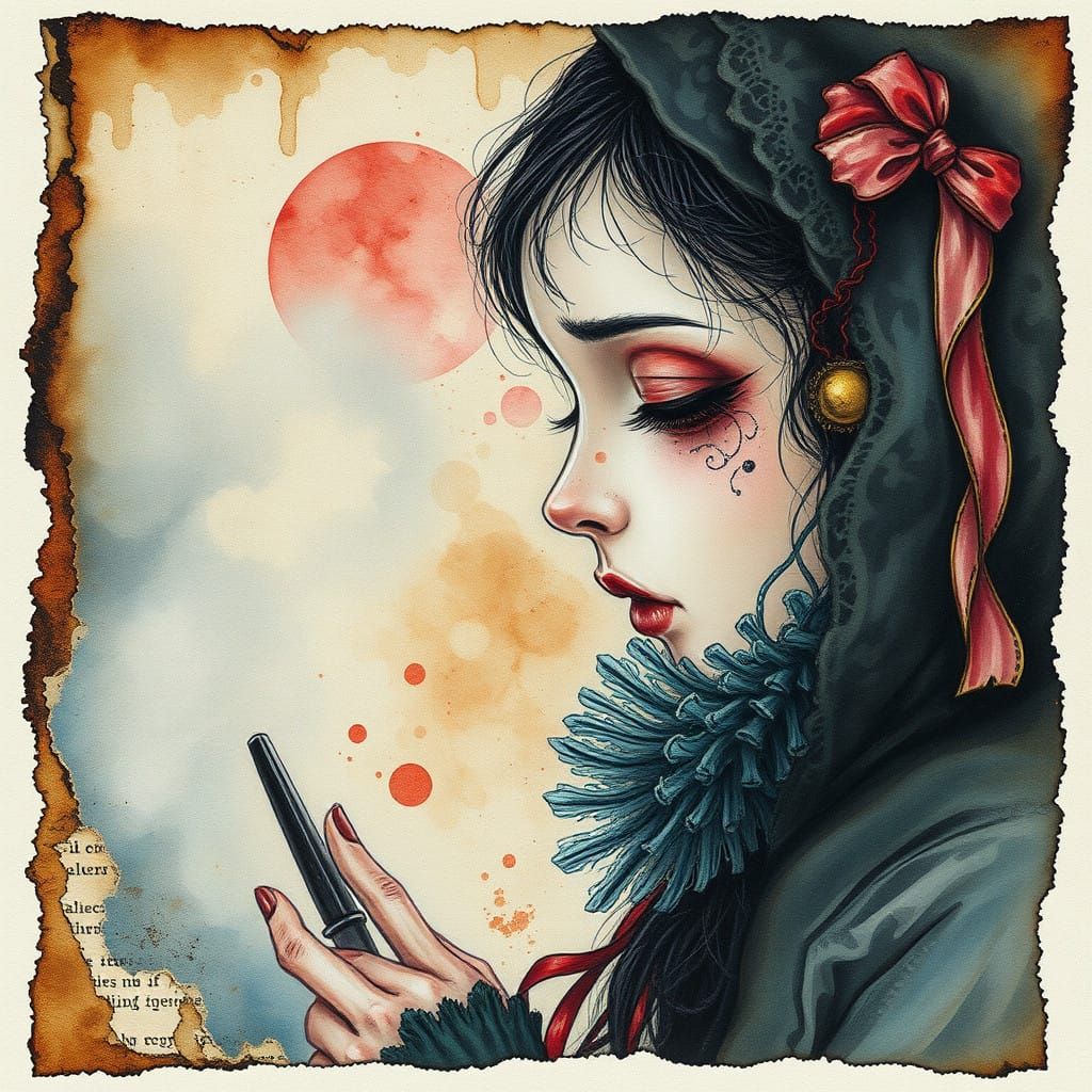 Whimsical Watercolor Portrait Under a Dark, Vibrant Red Moon