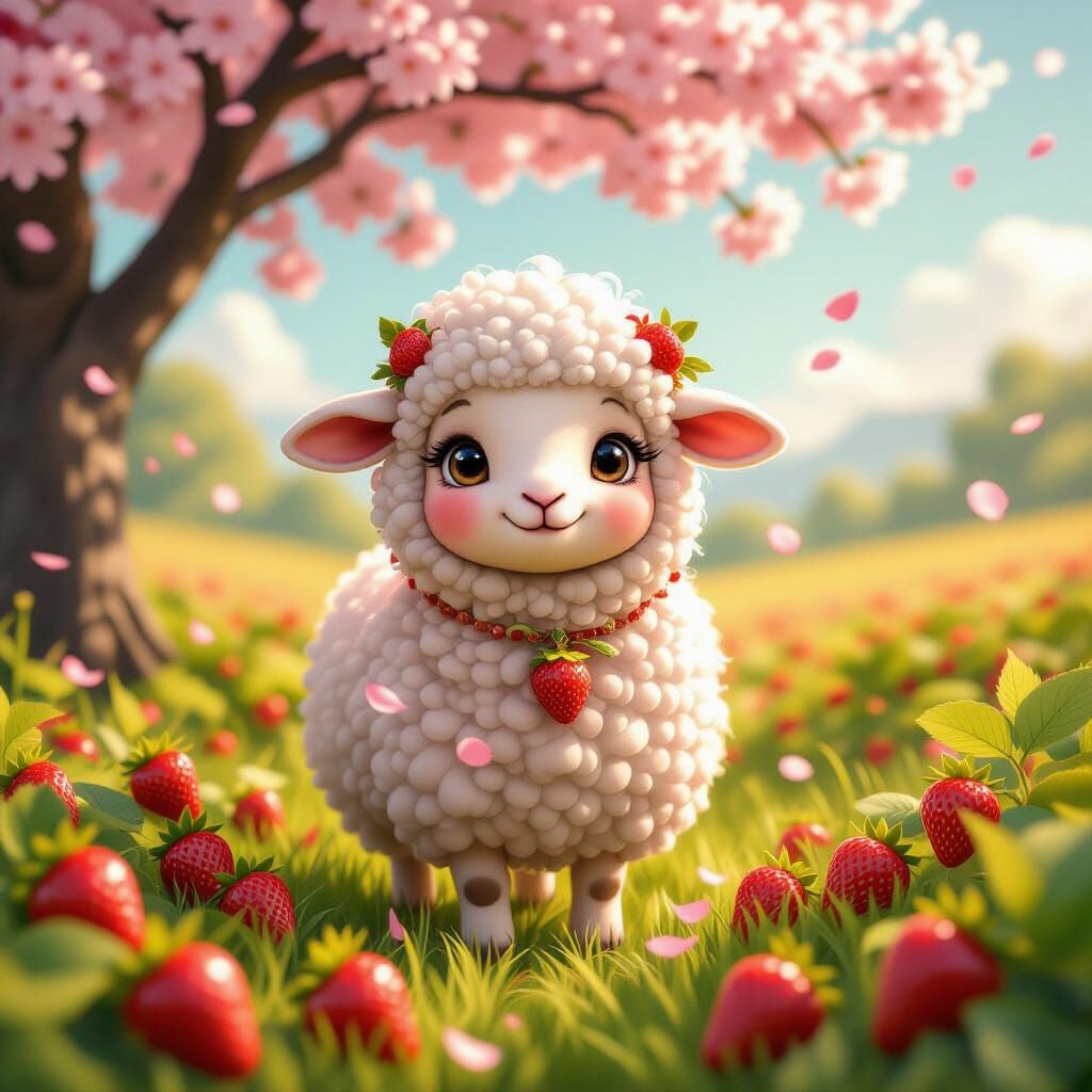 Strawberry Sheep in Cherry Blossom Field