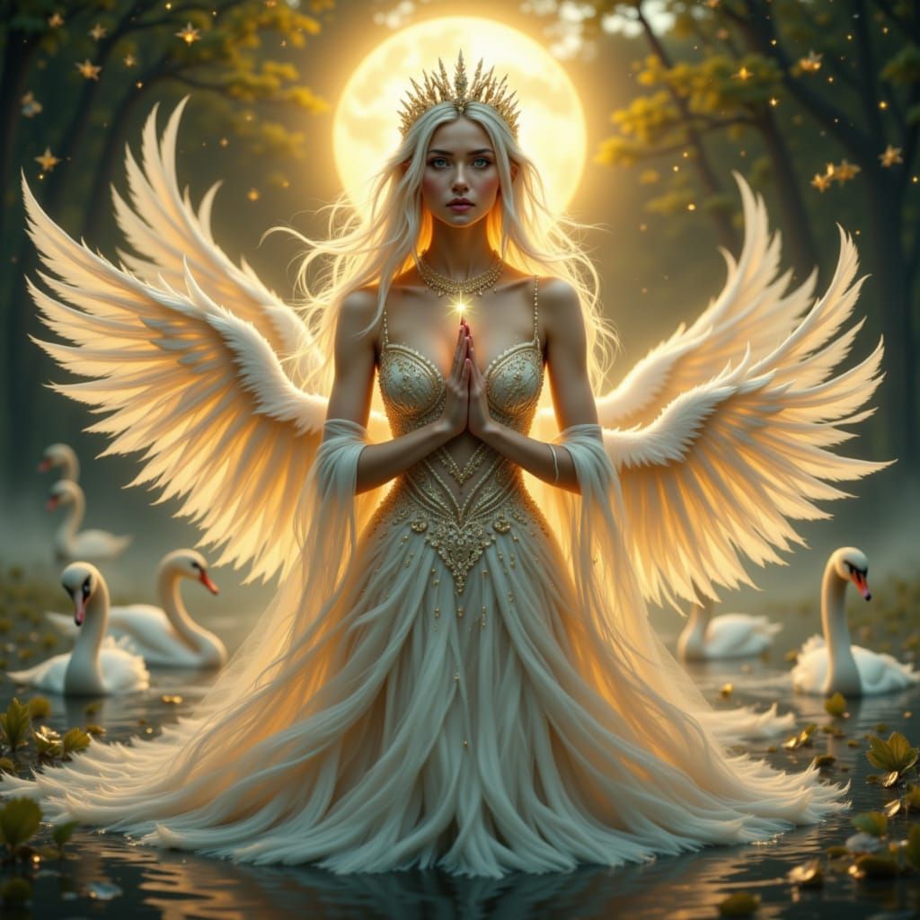 Swan Goddess of Aurora with Emerald Eyes in Golden Light