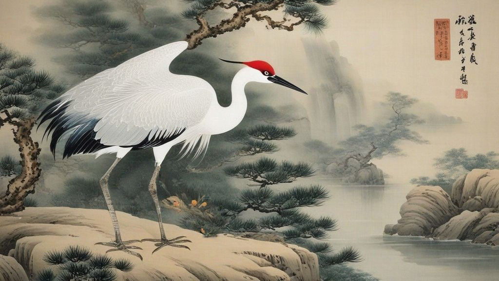 Majestic Crane in Mystical Chinese Watercolor Landscape