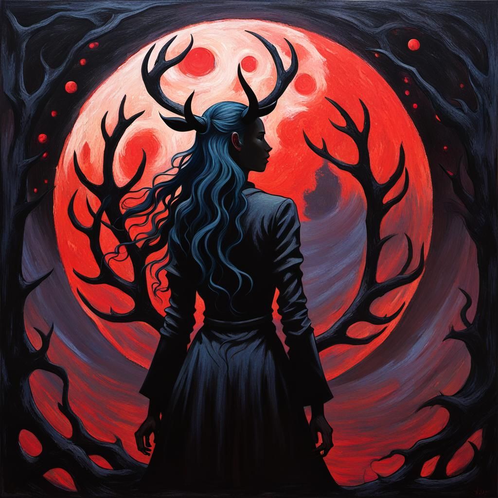 Demon Girl Silhouette Before Blood Moon as Impasto Painting