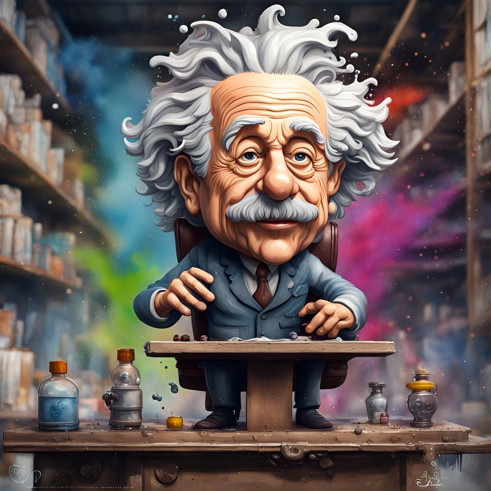 Einstein Bobblehead Graffiti Art in Watercolor Style