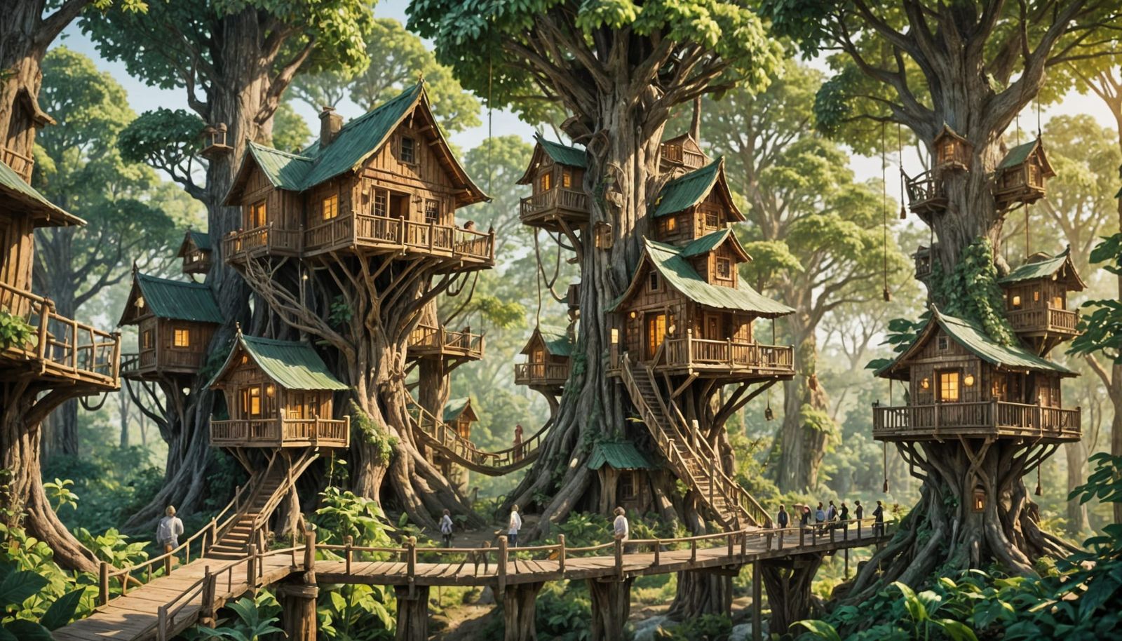 Enchanting Forest Village of Treehouses in Natural Light
