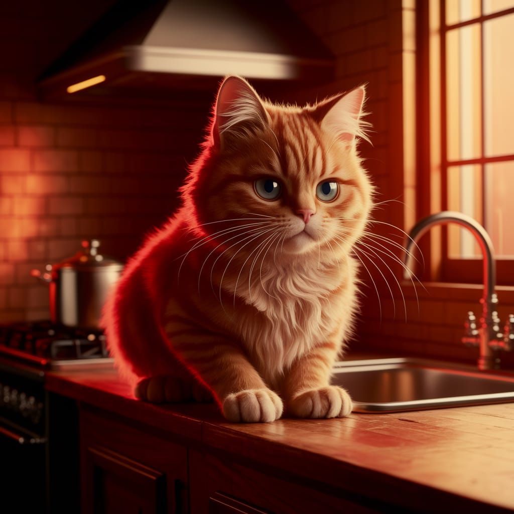 Photorealistic Garfield Cat in Cozy Kitchen