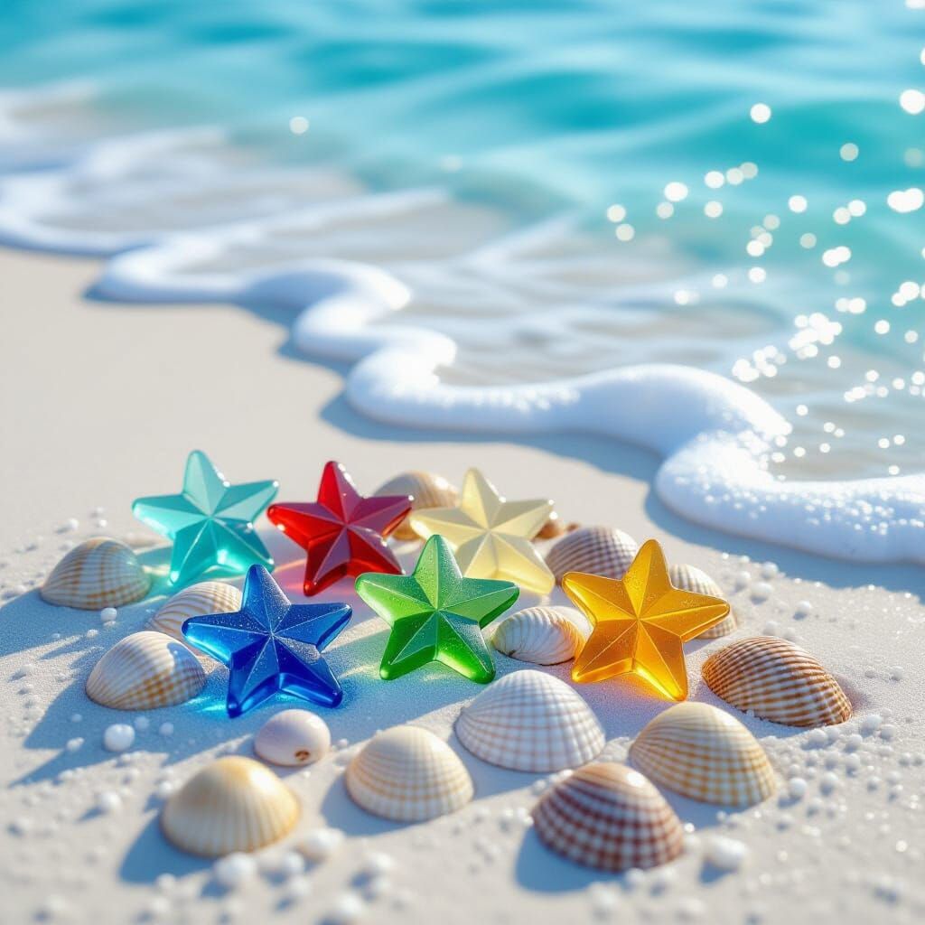 Colourful Sea Glass Stars With Shells On Pristine Sand
