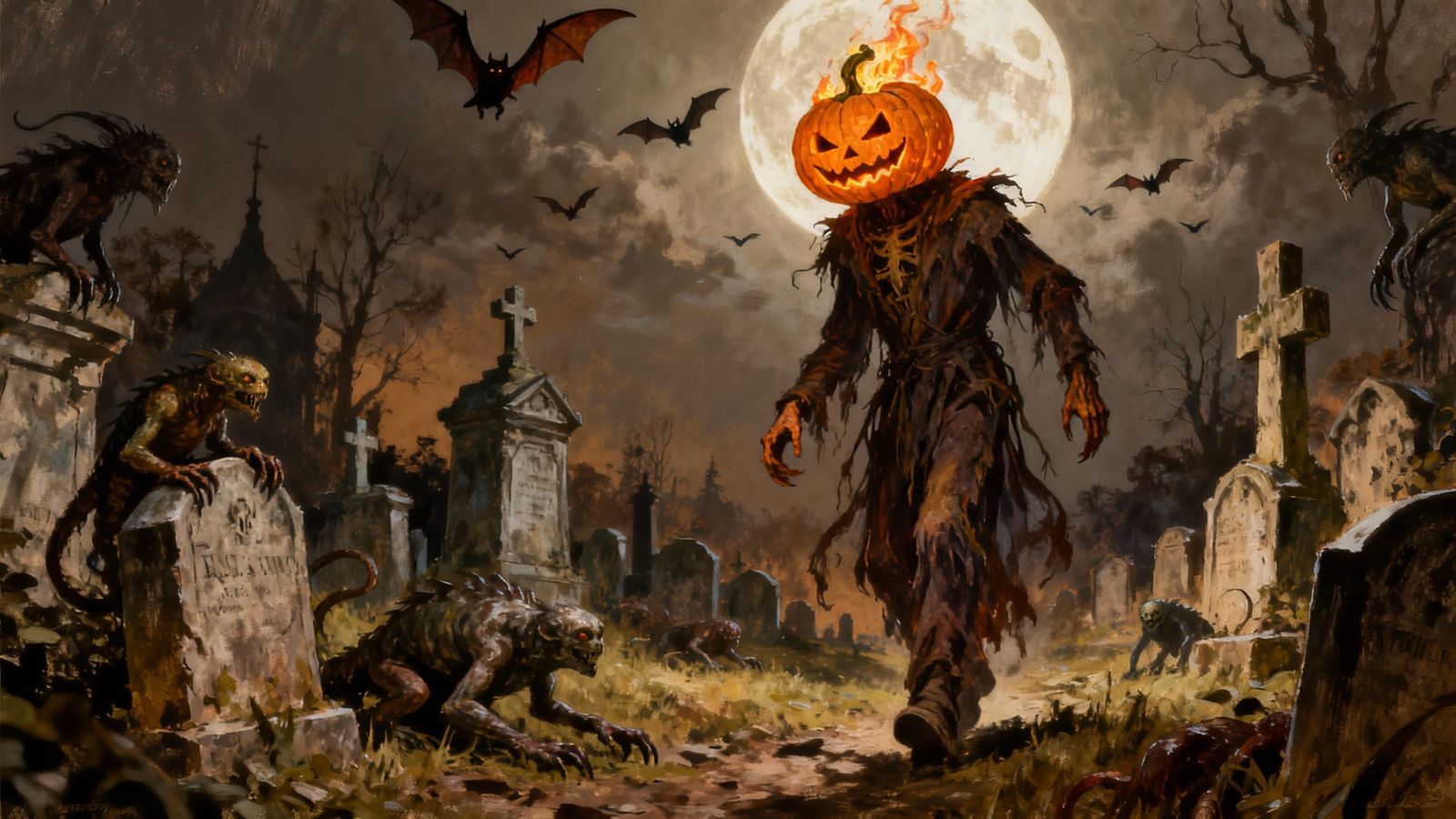 Wicked Jack-o'-Lantern Figure in Moonlit Cemetery