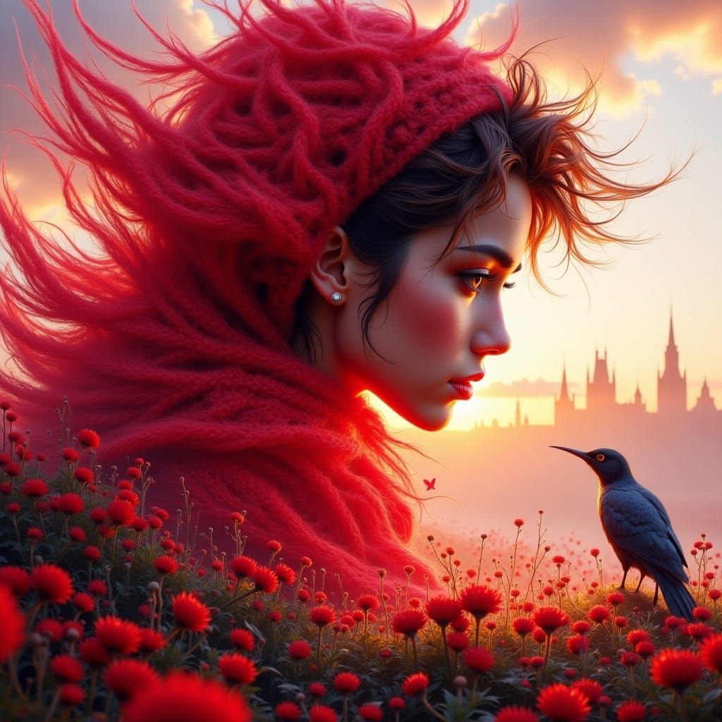 Red Riding Hood Double Exposure Watercolor Sunset