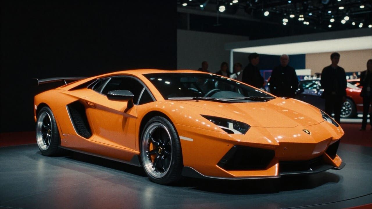 Vibrant Orange Lamborghini at Motor Show, Retrofuturistic St...