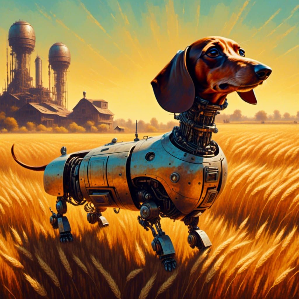 Robot Dachshund in Grain Field: Retro-Futuristic Oil Paintin...