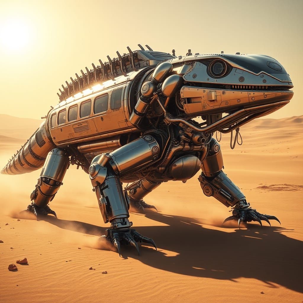 Robotic Lizard Bus in Sunlit Desert, Syd Mead Style