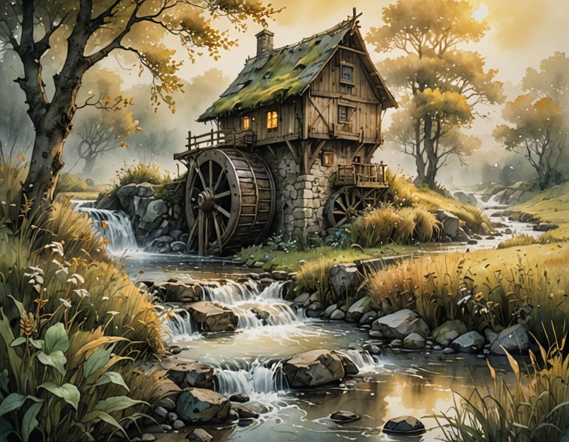 Foggy Meadow Water Mill in Watercolor and Ink
