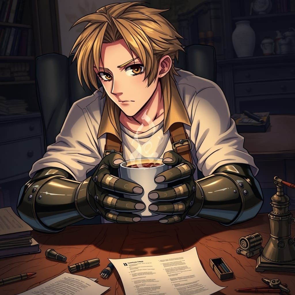 Edward Elric Sits in Cozy Study, Lost in Thought with Coffee