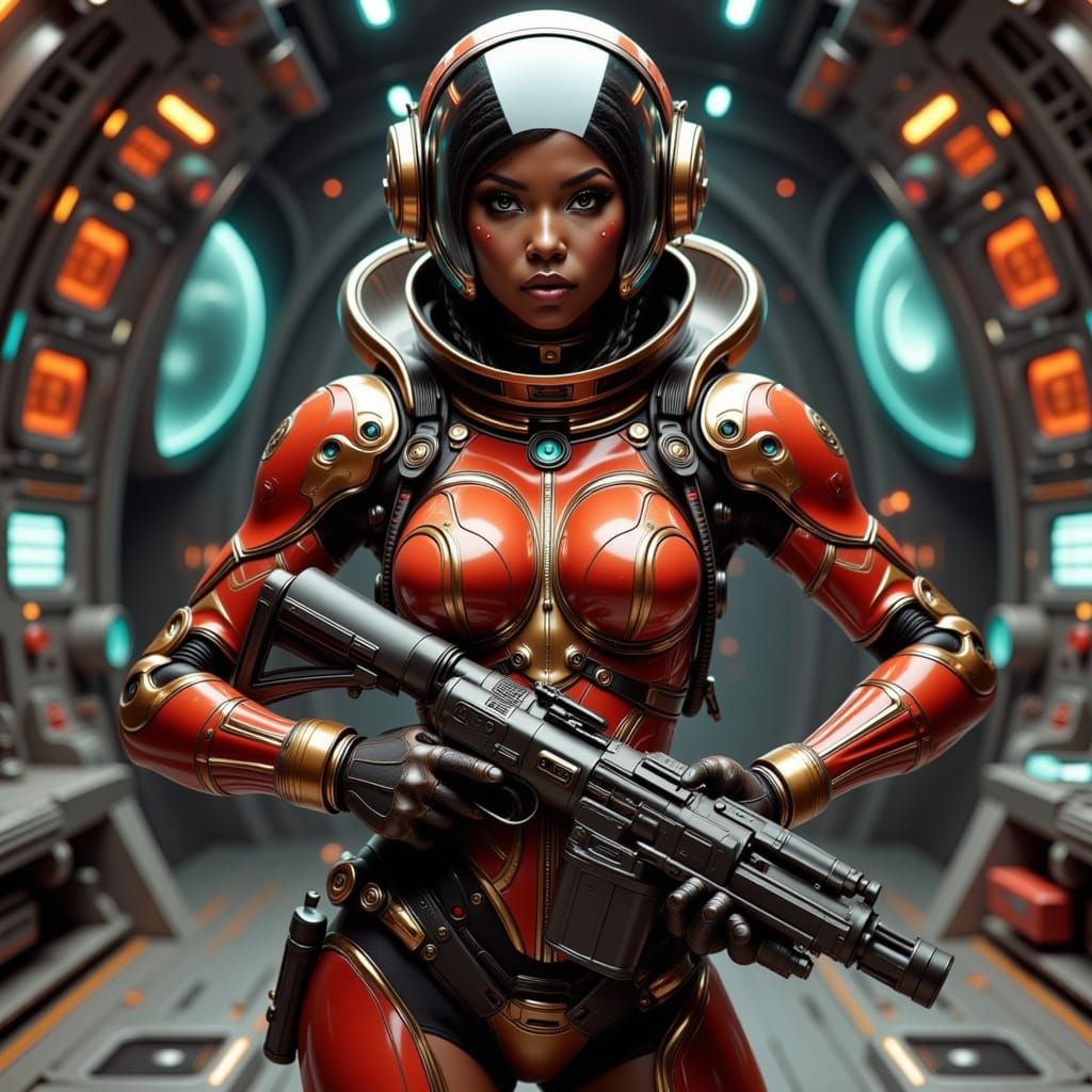 Stunning Retro Futuristic Space Pilot in Metallic Red Armor
