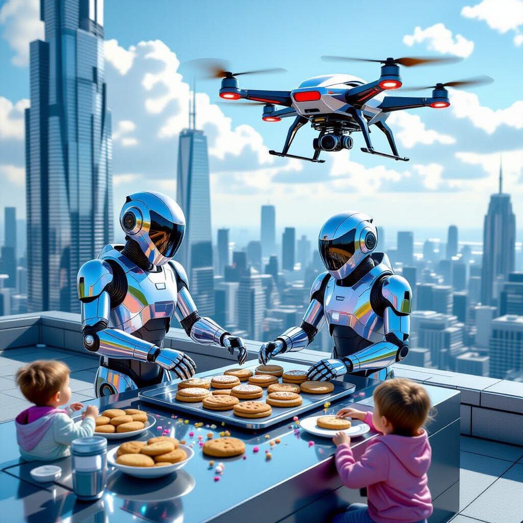 Robots Baking Cookies on Skyscraper for Kids