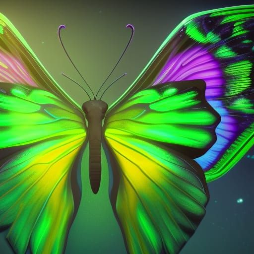 Neon Green Butterflies on Black Background: Fantasy Art