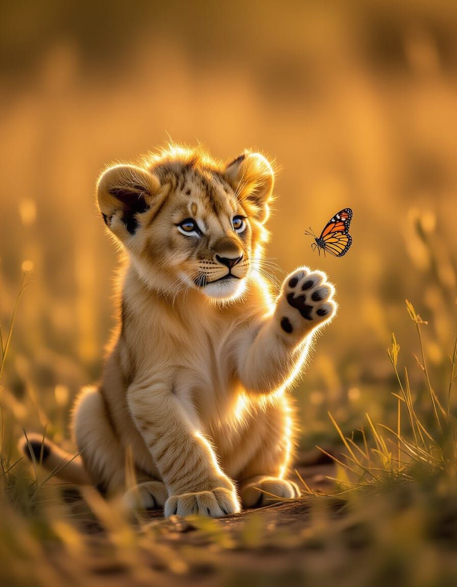 Adorable Lion Cub Plays in Sunlit African Savanna