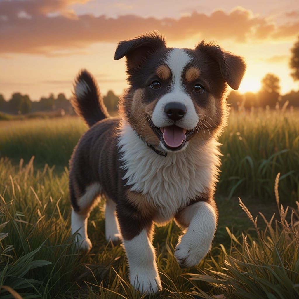 Puppy Runs in Sunset Field: 3D Game Art