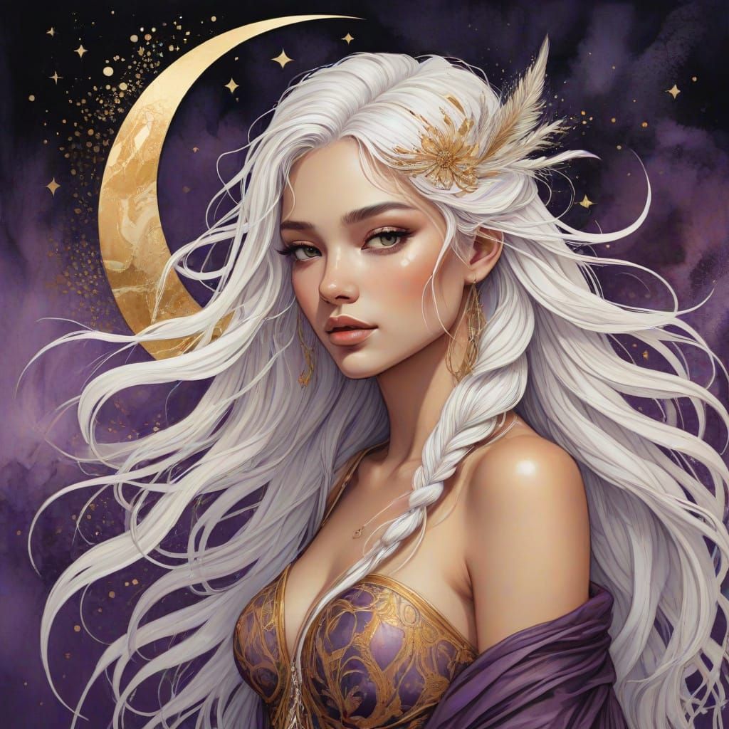 Majestic bird-woman with wild white and silver braided hair