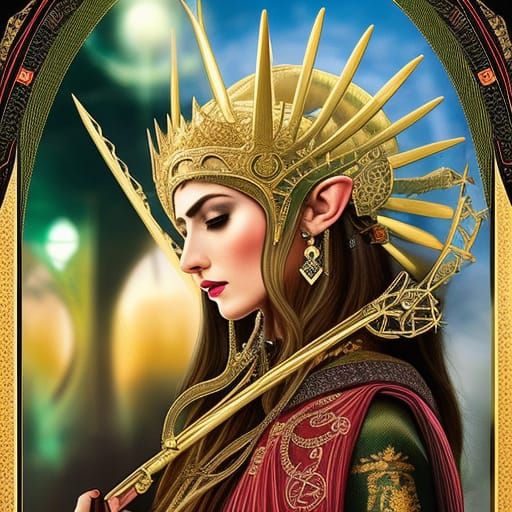 Elven Wizard Tarot Card in Art Nouveau Style