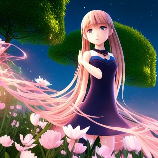 Anime Girl in Moonlit Flower Field, 3D Digital Art