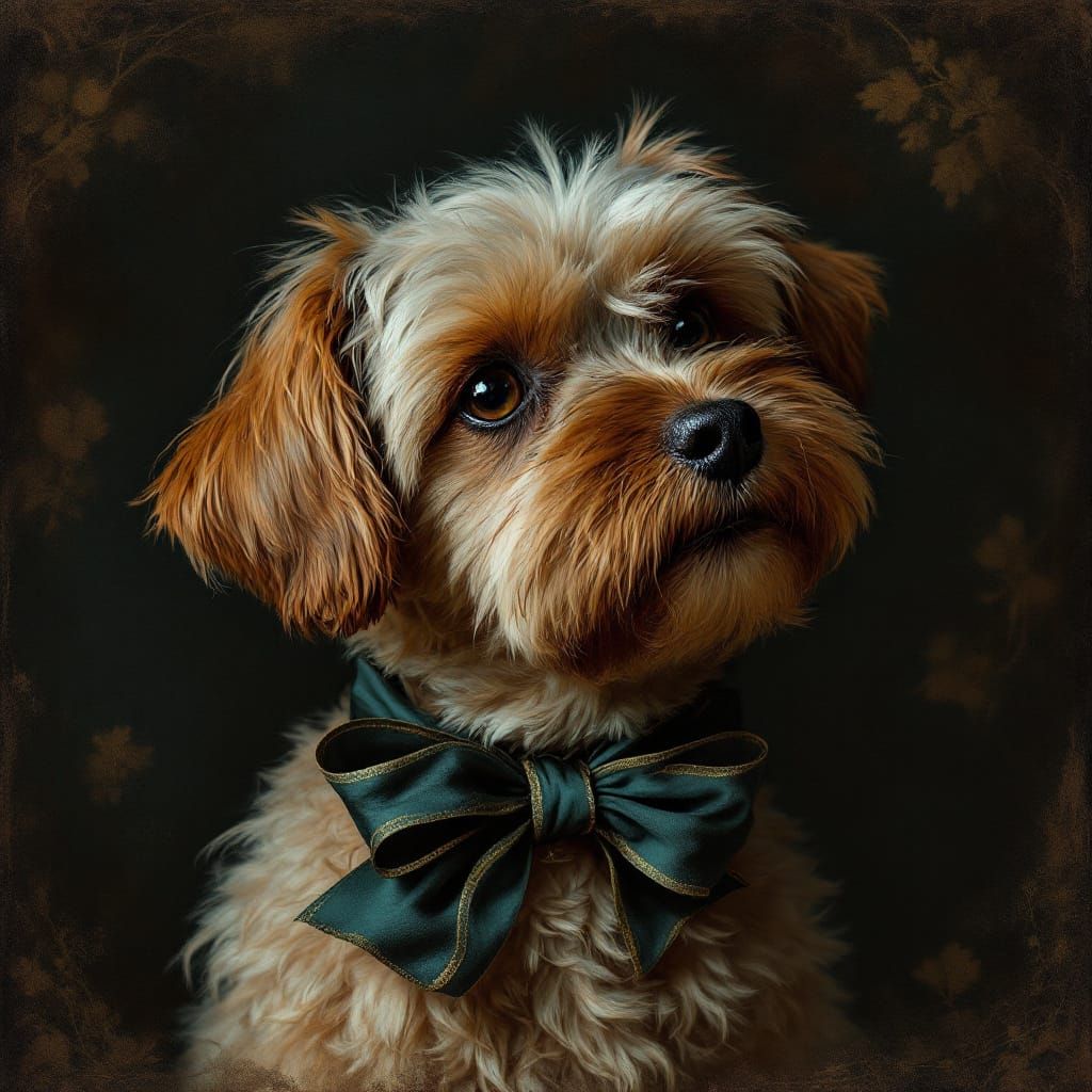 Dog Portrait with Bow in Antique Oil Painting Style