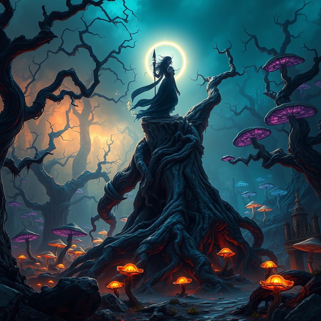 Mystical Sorceress Amidst Dark Fantasy Landscape